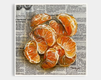 Tangerine painting Orange painting Original oil painting Mandarin painting Citrus painting Newspaper art Fruit painting