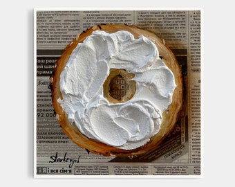 Bagel painting Impasto painting Food paintingNewspaper art Breakfast painting