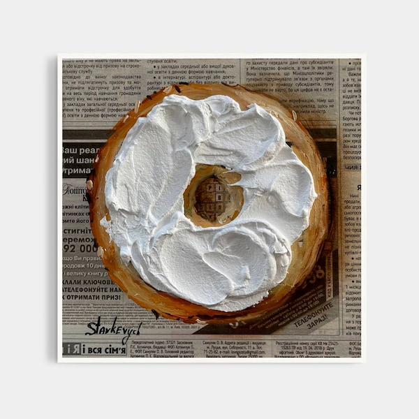 Bagel painting Impasto painting Food paintingNewspaper art Breakfast painting