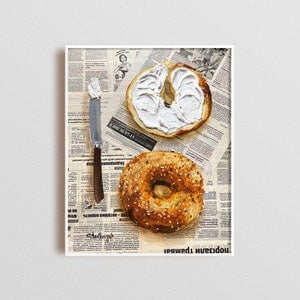 Bagel painting Impasto painting Original acrylic paining Newspaper art Breakfast painting Food painting 3d textured art Kitchen wall decor