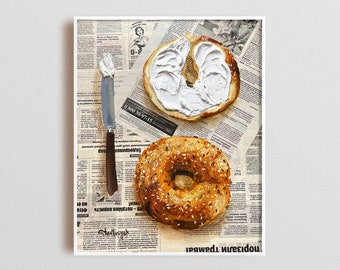 Bagel painting Impasto painting Original acrylic paining Newspaper art Breakfast painting