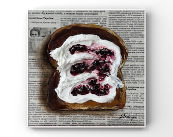 Food art Jam Toast Food painting Original Oil Painting Peanut butter art Newspaper art Trendy Colorful Wall Art Kitchen Cafe decor 3d art