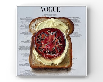 Tomato wall art Original oil painting 3d textured Cream cheese toast Cottagecore art Food painting Kitchen wall decor Impasto Newspaper art