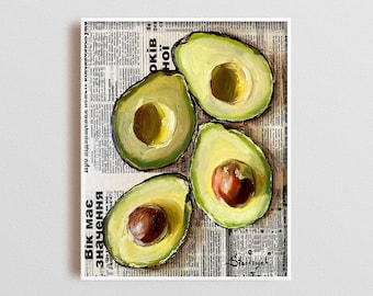 Avocado wall art Avocado painting Original oil painting Food painting Avocado gift Newspaper art