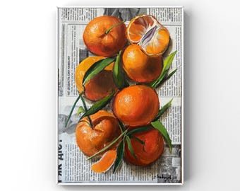Orange original oil painting Fruit wall decor apartment Citrus Newspaper art Fruit Kitchen Cafe Farmhouse Christmas art Handmade gift