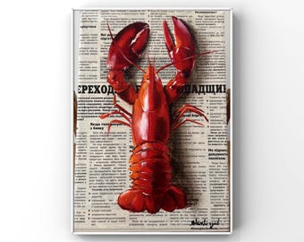 Lobster art Original oil painting Red seafood fish wall decor Coastal Kitchen Cafe Eclectic Retro Vintage wall art for apartment Newspaper