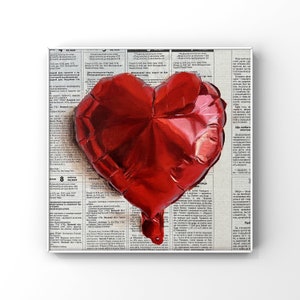 Balloon art Realistic art painting Original oil painting Love art Newspaper art Red heart painting Wall decor Red wall art