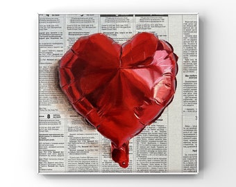 Balloon art Realistic art painting Original oil painting Love art Newspaper art Red heart painting Wall decor Red wall art