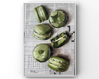 Macarons Sweets Original Oil Painting on Newspaper Trendy 3D Wall Art Kitchen Decor French Food Art Gift for Her