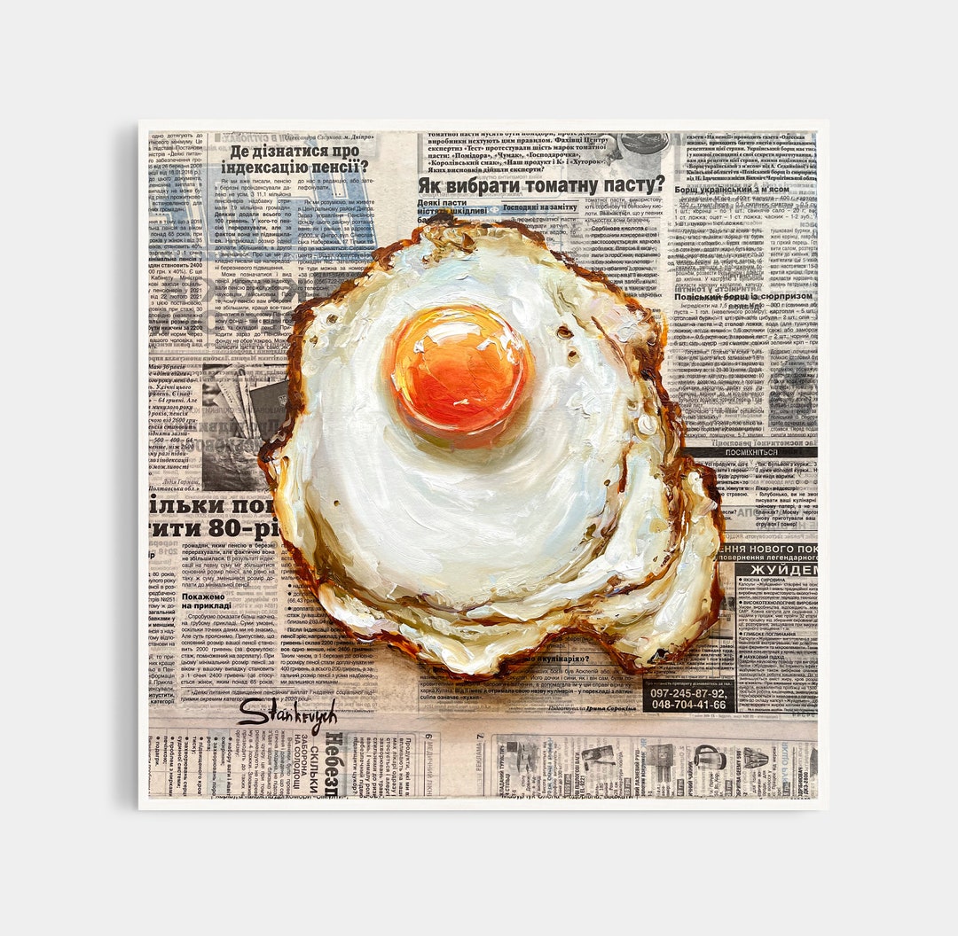 卵の絵 食べ物の絵 オリジナル油絵 新聞アート 目玉焼き 朝食の絵