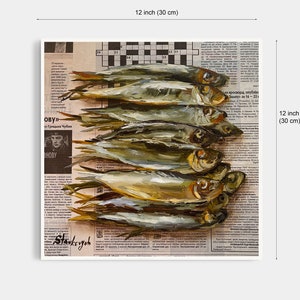 May include: A painting of a still life featuring a group of fish arranged in a row on a newspaper background. The fish are painted in a realistic style with details of their scales and fins. The newspaper is partially visible with text and a crossword puzzle.