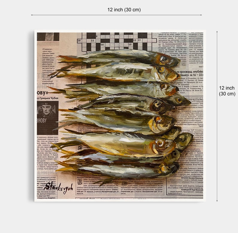 May include: A painting of a still life featuring a group of fish arranged in a row on a newspaper background. The fish are painted in a realistic style with details of their scales and fins. The newspaper is partially visible with text and a crossword puzzle.