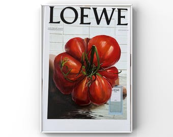 Tomato art Original Oil kitchen painting Newspaper  Housewarming Cafe decor Trendy colorful Dinning room Vegetable Food Realistic
