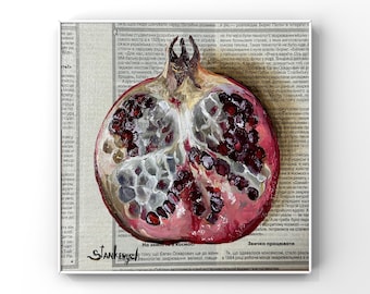 Pomegranate art Fruit art Fruit painting Original oil painting Newspaper art Fruit wall decor by Julia Stankevych