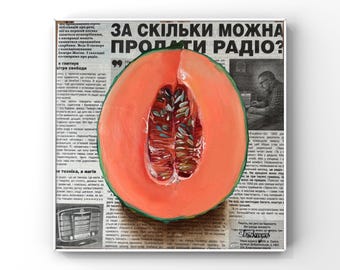 Melon art Original Oil Painting Fruit painting Still life Newspaper wall decor Summer Trendy colorful art for kitchen