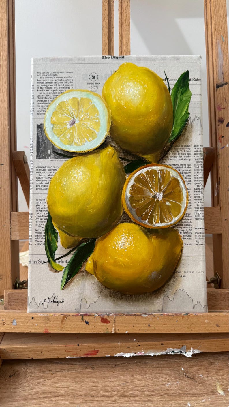 May include: An oil painting on canvas featuring bright yellow lemons and green leaves layered over a background of printed newspaper text titled The Digest. The composition includes two whole lemons and two halved lemons showing detailed pulp.