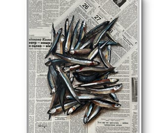 Fish painting Original oil painting Seafood Sardine art Food wall decor Fisherman Gift Housewarming Cafe Kitchen decor Newspaper art