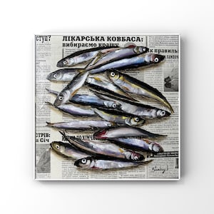 Dipinto di pesce Dipinto di frutti di mare Arte delle sardine Dipinto di cibo Dipinto a olio originale Arte di giornale