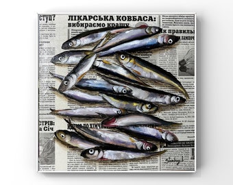 Fish painting Seafood painting Sardine art Food painting Original oil painting Newspaper art