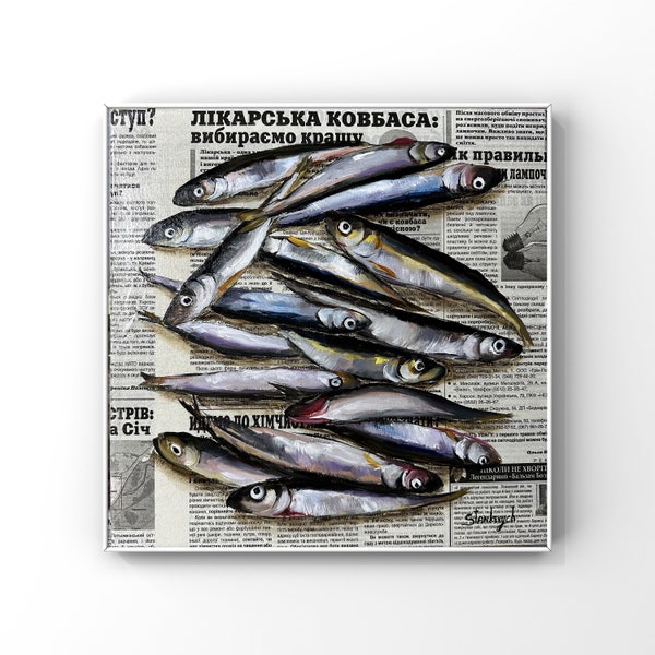 Fish painting Seafood painting Sardine art Food painting Original oil painting Newspaper art