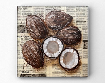 Coconut painting Fruit art Fruit painting Original oil painting Newspaper art Coconut art by Julia Stankevych