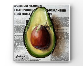 Avocado art Still life painting Vegetable Original oil painting Newspaper art Food wall art Farmhouse Eclectic Cottagecore art Kitchen decor