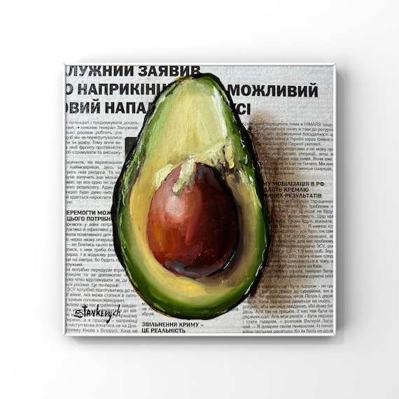 Avocado art Still life painting Vegetable Original oil painting Newspaper art Food wall art Farmhouse Eclectic Cottagecore art Kitchen decor
