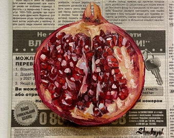 ザクロアート フルーツの絵画 オリジナル油絵 フルーツの壁画 新聞