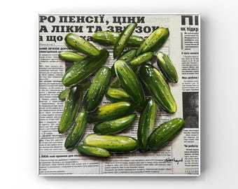 Pickles Art Original oil painting Food painting Vegetable art Still life oil painting Vegetable Cucumber Newspaper art Kitchen wall art