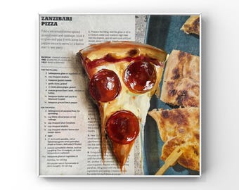 Pizza art Food painting Original oil painting Newspaper art Food wall art Pizza kitchen decor Still life cafe painting