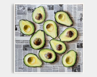 Avocado art Food painting Avocado wall decor Original oil painting Newspaper art Food wall art Still life painting