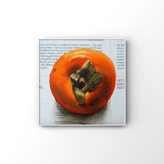 Persimmon painting Fruit wall art Newspaper Still life Cafe wall decor Kitchen Food painting Kitchen wall decor by Julia Stankevych