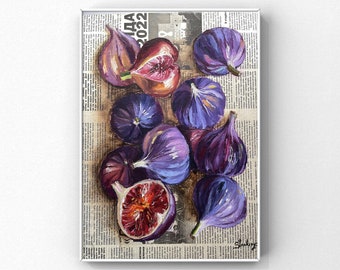 Figs art Fruit painting Original oil painting Fruit wall art Newspaper art Fruit still life by Julia Stankevych