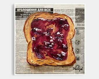 Jam Toast Painting Food painting Original Oil Painting Peanut butter art Jelly toast Newspaper art