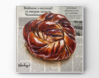 Cinnamon Bun Food painting Pastry painting Bread art Newspaper art Breakfast painting Original oil painting