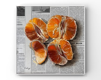 Dipinto ad olio originale arancione, decorazione murale con frutta per appartamento, agrumi, arte su giornale, frutta, cucina, caffè, stile rustico, arte natalizia, regalo fatto a mano