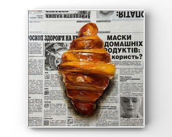Croissant Wall art Food painting Original French oil painting Realistic Aesthetic Trendy decor Colorful Cafe decor Funny Food Housewarming