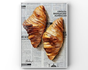 Croissant art Food wall decor Newspaper Art Original Oil Painting French Bakery Cafe Kitchen decor for Apartament aesthetic whimsical