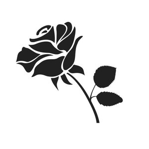 May include: A black silhouette of a single rose with a stem and leaves.