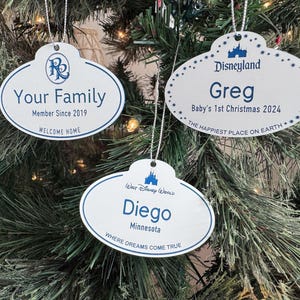Personalize Ornaments: Cast Member Name Tags (White Style) Parks Inspired & Great Holiday Gift! Includes ornament string and ready to hang!