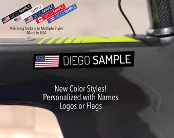 Custom Bike Name Stickers: Thin and Bold Style - Waterproof Decals Name with Flag Style