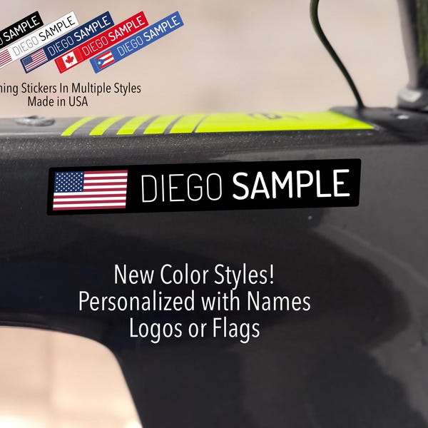 Modern Style Bike Name Stickers: Waterproof Vinyl Decals with Flag