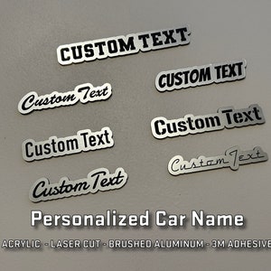 Custom Engraved Car Name Badge – Personalized Brushed Silver Emblem | Acrylic Car Decal with Adhesive | Custom Text & Font Options
