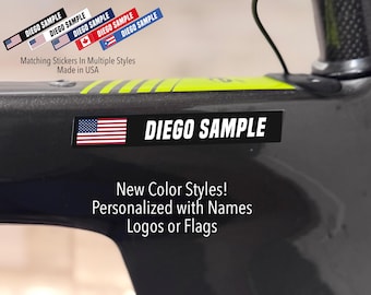 Custom Bold Bike Name Stickers: Waterproof Vinyl Decals with Flag