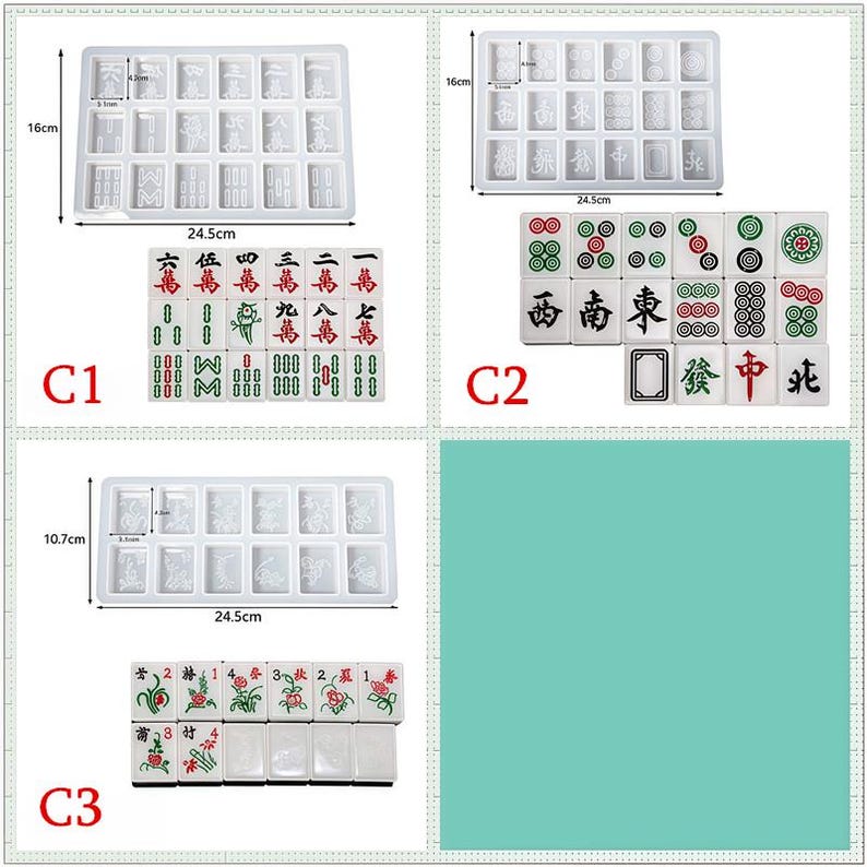 K&ouml;nnte beinhalten: Eine Sammlung von Mahjong-Steinen und -Formen. Das Bild zeigt verschiedene Sets von Spielsteinen mit chinesischen Schriftzeichen und Symbolen sowie transparente Kunststoffformen zur Herstellung der Steine. Die Ma&szlig;e sind in Zentimetern angegeben, wobei die gr&ouml;&szlig;te Form 24,5 cm lang ist.