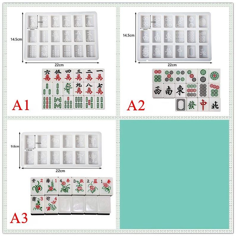 K&ouml;nnte beinhalten: Eine Auswahl an wei&szlig;en Silikonformen zur Herstellung von Mahjong-Steinen, mit den Ma&szlig;en 22 cm x 14,5 cm und 22 cm x 9,8 cm. Das Bild zeigt auch fertige Mahjong-Steine in verschiedenen Farben und Designs, einschlie&szlig;lich chinesischer Schriftzeichen und Symbole.