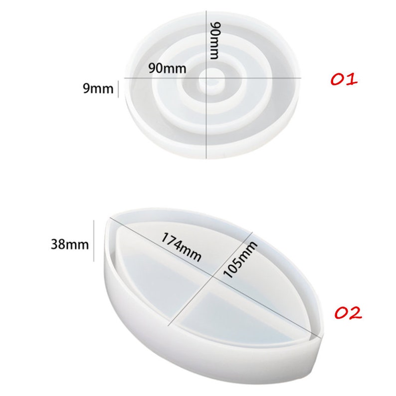 Op de afbeelding: Twee siliconen mallen voor hars ambachten. De eerste mal is rond met concentrische cirkels en meet 9 inch in diameter. De tweede mal is ovaal met een verdeeld interieur en meet 6,8 inch lang en 4,1 inch breed.