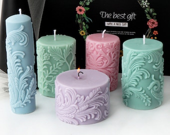 Nordic Cylinder Candle Silicone Mold-Leaves Feather Candle Mold-Flower Pillar Candle Mold-Aesthetic Candle Mold-Scented Soy Candle Mold