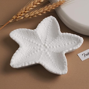 Peut inclure: Plat en forme d'étoile de mer en céramique blanche avec une surface texturée. Le plat est divisé en trois sections.