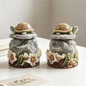 Op de afbeelding: Twee decoratieve schildpadbeeldjes. Elke schildpad zit bovenop een grijze rotsformatie, met een lichtbruin schild en groene kop en poten. De basis van elke rots is versierd met crèmekleurige bloemen en groene bladeren.
